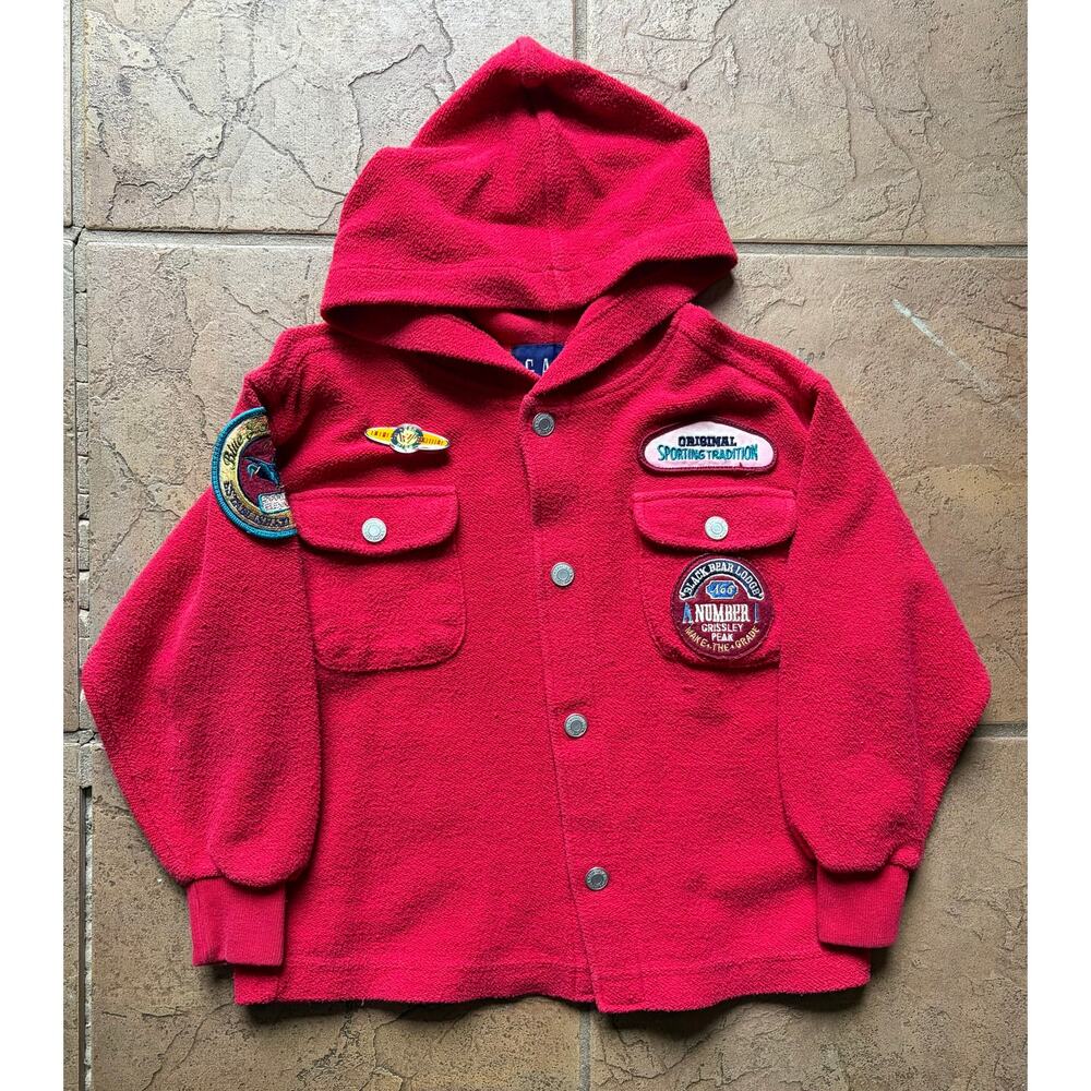 Vintage GAP Hooded Fleece Jacket Youth XS Red Outdoor Patch Button Up Hoodie